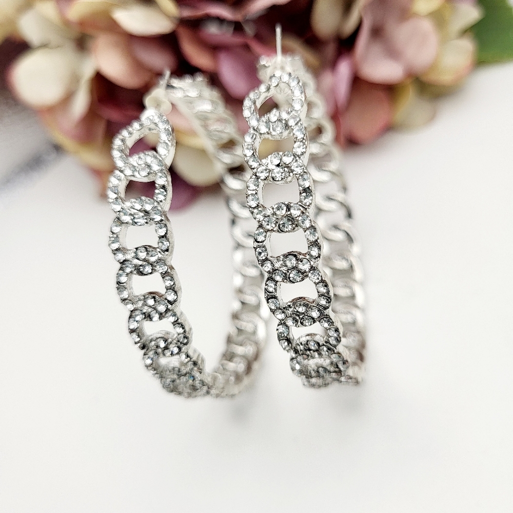 NWT nOir Jewelry large silver plated hoops inlaid rhinestones post earrings $128